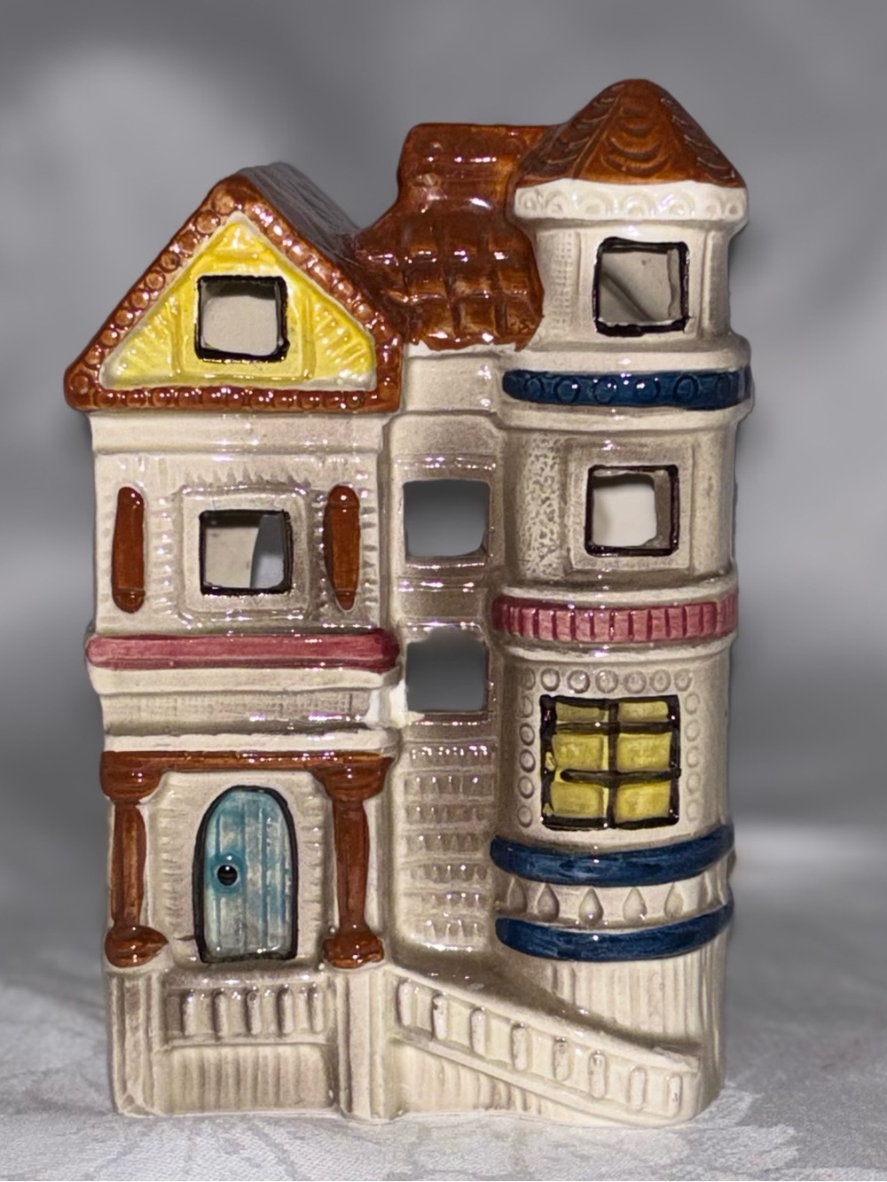 Vintage Takahashi Glazed Ceramic Victorian House 6" Votive Candleholder Japan